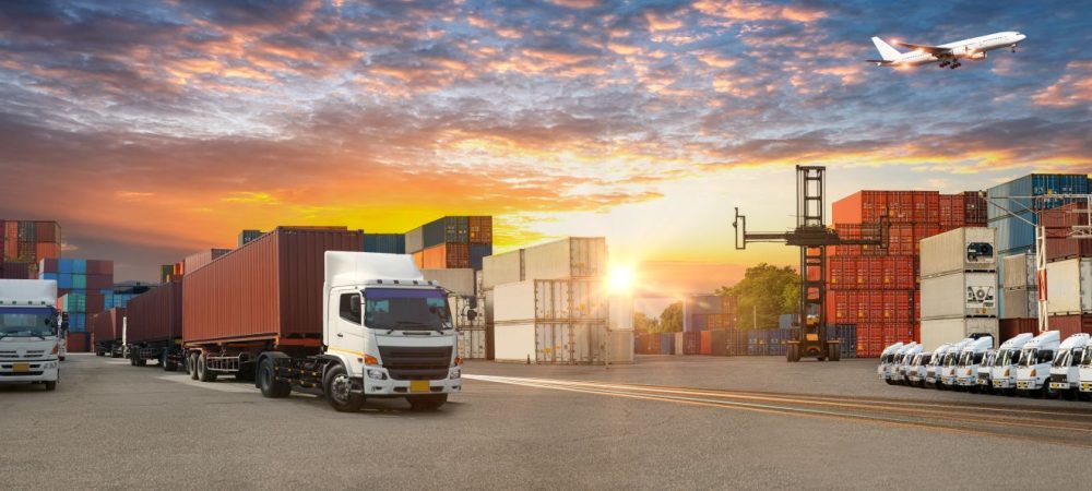 Industrial Container Cargo freight ship, forklift handling container box loading for logistic import export and transport industry concept backgroundtransport industry background